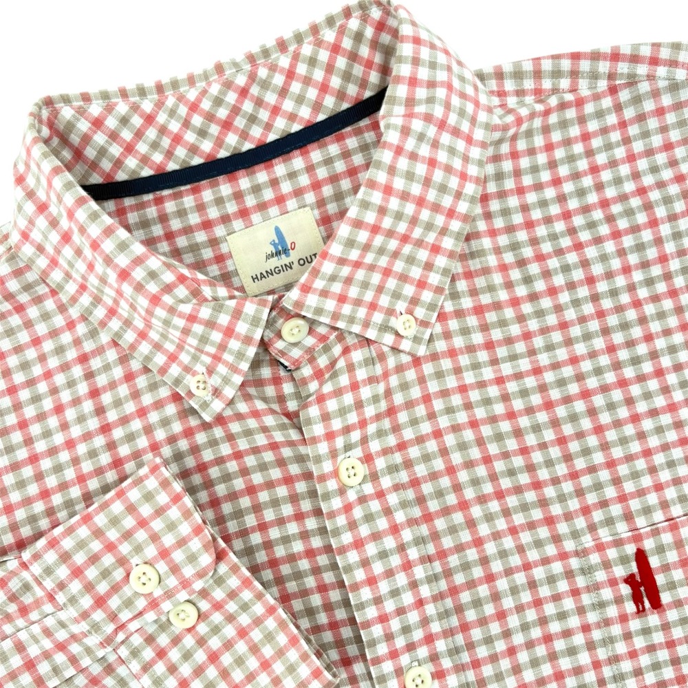 johnnie-O Hangin Out Mens XXL Malibu Red Gingham Long Sleeve Shirt‎ JMWL3200